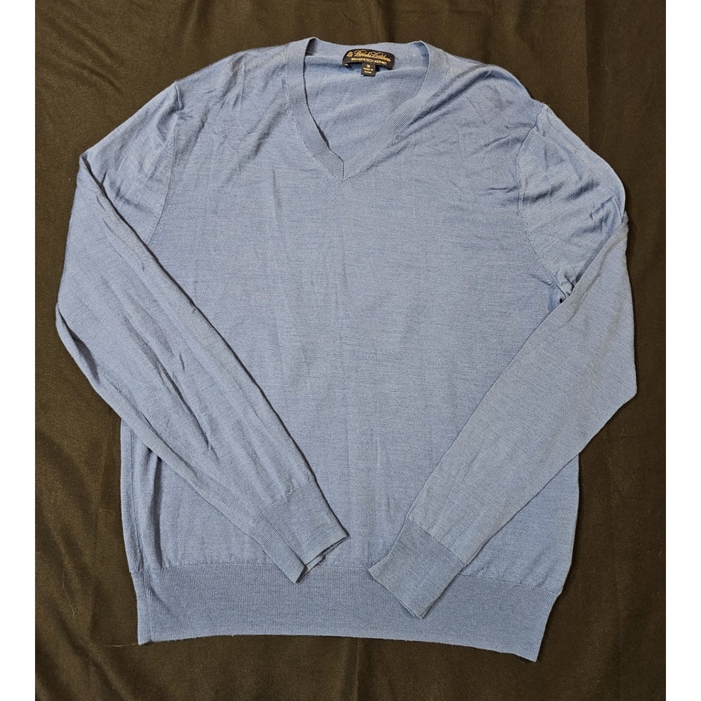 Brooks Brothers Men's Stretch Merino Wool Blue V-Neck Sweater Size Medium